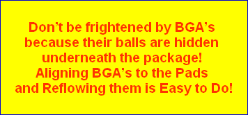 Don’t be frightened by BGA’s 
because their balls are hidden 
underneath the package! 
Aligning BGA’s to the Pads 
and Reflowing them is Easy to Do!